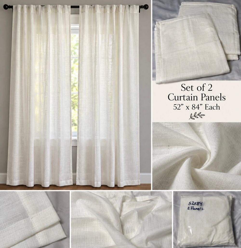 Ivory Linen Look Curtain Panels 52x84 Set of 2 Semi Sheer Rod Pocket Drapes